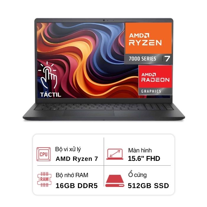 Laptop Dell 15 LDC15255-A117BLK-PUS (AMD Ryzen 7-7730U, 16GB, 512GB SSD, AMD Radeon Graphics, 15.6”1920X1080, Touch, W11)