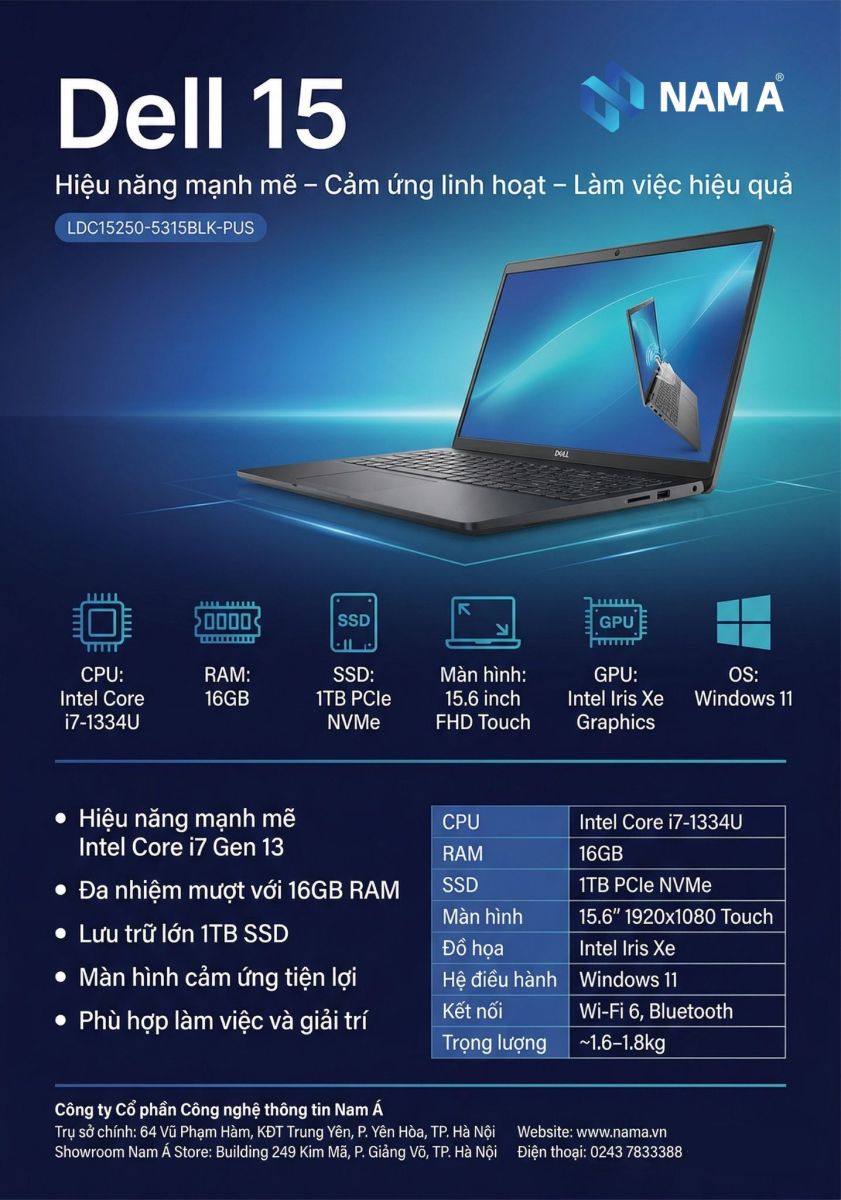 Dell 15,i7-1355U,16GB,1TB SSD,UHD Graphic,FPR,156”(1920X1080),Touch,Backlit KB,W11