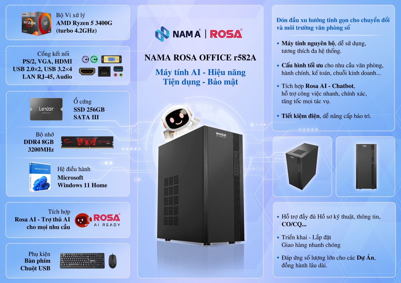 Máy tính Rosa Office AMD 3 (R5-3400G/ A520/ 8GB/ SSD 256GB/ Phím Chuột dây USB/ Win 11 Pro)