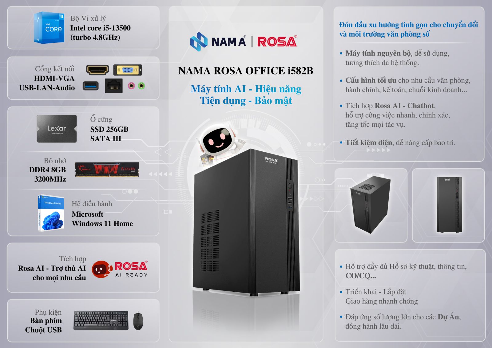 Máy tính Rosa Office Intel 5 (i5-13500/ H610/ 8GB/ SSD 512GB/ Phím Chuột dây USB/ Win 11 Home)