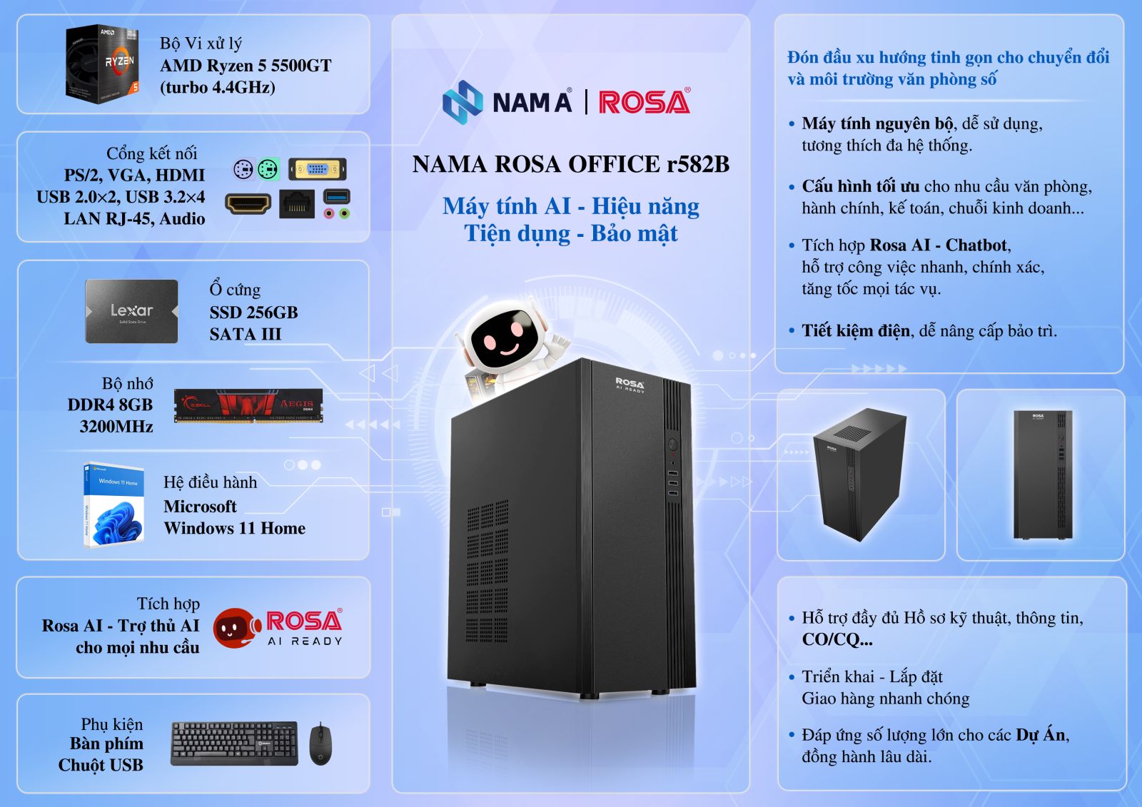 Máy tính Rosa Office AMD 5 (R5-5500GT/ A520/ 8GB/ SSD 256GB/ Phím Chuột dây USB/ Win 11 Pro)
