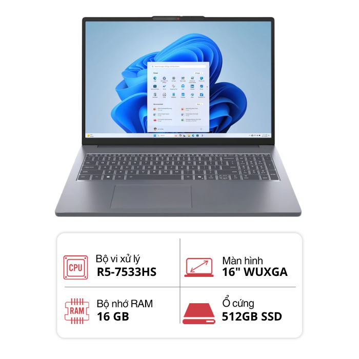 Laptop Lenovo IdeaPad Slim 3 16ARP10 83K80016VN (Ryzen5 7533HS/ 16GB/ 512GB/ 16 inch WUXGA IPS/  Win 11/ Xám)